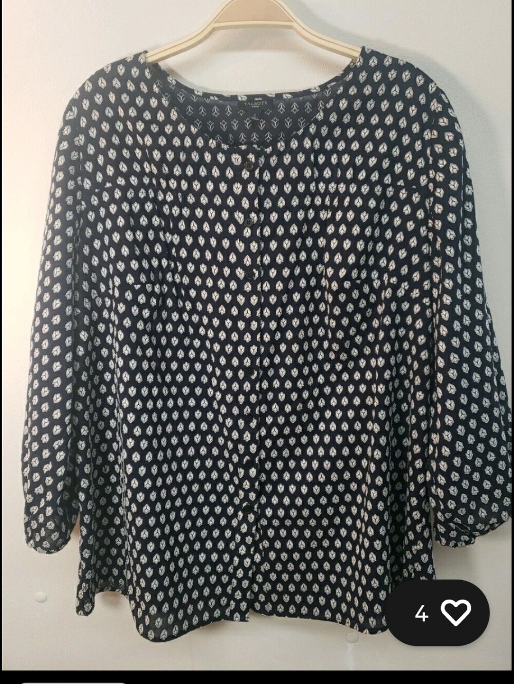 Talbots Navy and White Leaf Printed Button-Front Blouse